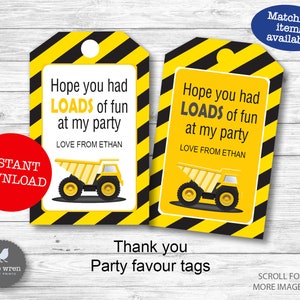 Instant Download, Construction Thank you Tag, Party Bag Tag, Party Favour Tag, loot bag, Dump truck, Digger Party, Construction Tag