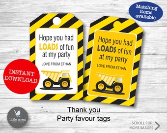 Instant Download, Construction Thank you Tag, Party Bag Tag, Party Favour Tag, loot bag, Dump truck, Digger Party, Construction Tag