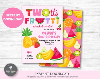Twotti Frutti invitation, INSTANT DOWNLOAD, birthday party, 2nd birthday invite, tutti frutti party, two-tti frutti, tutti fruity, cute