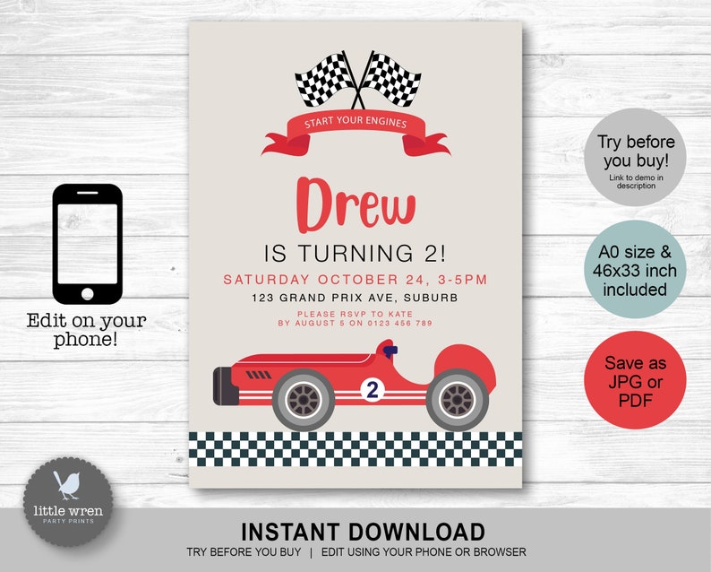 May include: Editable printable invitation for a 2nd birthday party with a red race car theme. The invitation features a red race car with a checkered flag background and the text "Start your engines" and "Drew is turning 2!"
