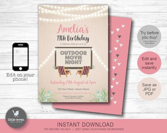 Movie night birthday invitation, INSTANT DOWNLOAD, cinema party, Boho Invite, movie party invite, fairy lights, outdoor movie, girls invite