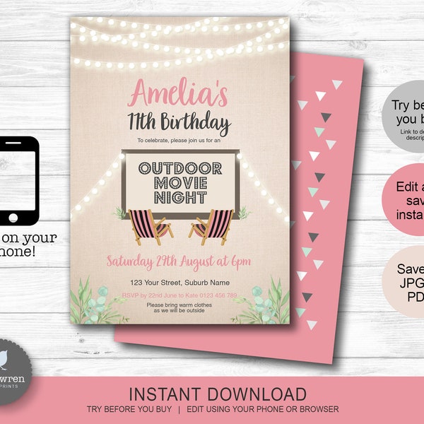 Movie night birthday invitation, INSTANT DOWNLOAD, cinema party, Boho Invite, movie party invite, fairy lights, outdoor movie, girls invite