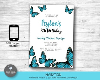 Butterfly invitation, INSTANT DOWNLOAD, butterfly party, butterfly invite, girls birthday, blue birthday ideas, butterfly decorations