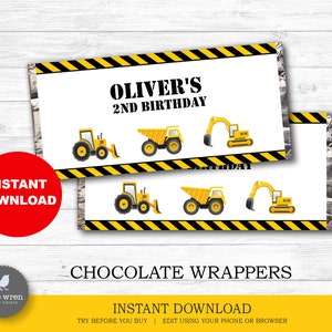 Construction Party Chocolate Wrapper, INSTANT DOWNLOAD, Chocolate label, Printable Construction decor, Construction Birthday Party, Aldi