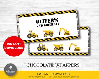 Construction Party Chocolate Wrapper, INSTANT DOWNLOAD, Chocolate label, Printable Construction decor, Construction Birthday Party, Aldi