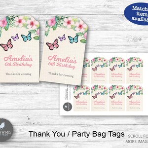 Peut inclure: Ensemble de 8 &eacute;tiquettes de remerciement imprimables avec un motif floral aquarelle et des papillons. Les &eacute;tiquettes indiquent "Amelia's 6th Birthday" et "Thanks for coming".