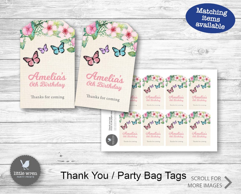 Peut inclure: Ensemble de 8 &eacute;tiquettes de remerciement imprimables avec un motif floral aquarelle et des papillons. Les &eacute;tiquettes indiquent "Amelia's 6th Birthday" et "Thanks for coming".