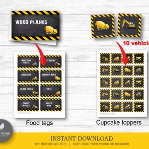 May include: Printable construction vehicle party decorations.  The set includes 10 cupcake toppers and 6 food tags.  The tags feature black and yellow construction signs with the text "Wrecking Balls", "Y Bread", "Goulders", "Wood Planks", "Spare Tyres", "2x43", "Dusty Wheels", and "Rusty Wire".