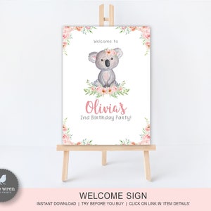 Koala birthday party welcome sign, INSTANT DOWNLOAD, Australian animal, floral, eucalyptus, invite, koala invitation, aussie birthday