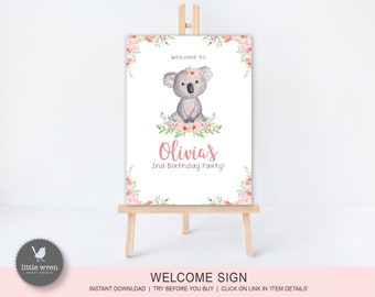 Koala birthday party welcome sign, INSTANT DOWNLOAD, Australian animal, floral, eucalyptus, invite, koala invitation, aussie birthday