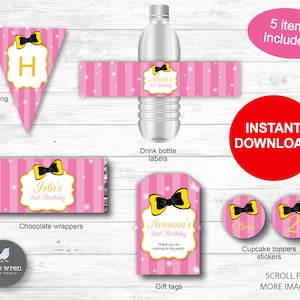 Emma Wiggle birthday party decorations, INSTANT DOWNLOAD, pink emma pack, yellow bow, bowtiful, gift tag, chocolate wrapper, water bottle