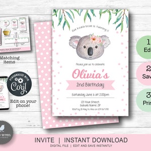 Koala Einladung, INSTANT DOWNLOAD, Koala Geburtstag, Party Dekoration, Einladung, Australien, Tier, Aussie Party, Mädchen 1.Geburtstag, Bär