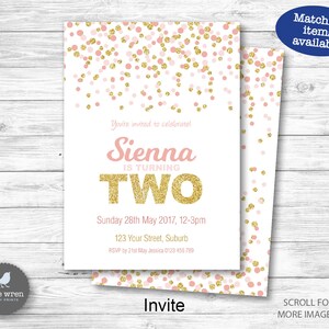 Confetti Party Invitation, Pink gold Invite, 1st birthday, chocolate wrapper, drink bottle label, glitter, digital file, dots, girl image 3