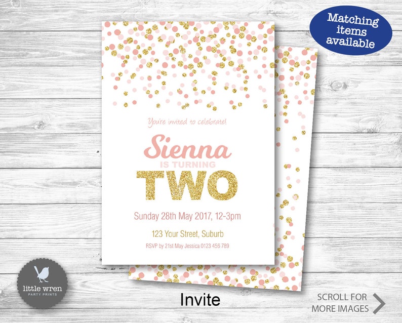 Confetti Party Invitation, Pink gold Invite, 1st birthday, chocolate wrapper, drink bottle label, glitter, digital file, dots, girl image 3