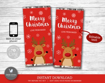 Emballage de chocolat de Noël, Rudolph rouge, TÉLÉCHARGEMENT IMMÉDIAT, cadeau de Noël personnalisé, joyeux Noël, joyeuses fêtes, cadeau pour un camarade de classe