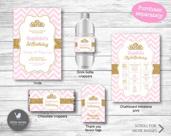 Princess Party Invitation, Princess Birthday Invite, 1st birthday girl, chocolate wrapper, drink bottle label, glitter, digital file, girl