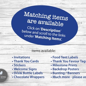 Puede incluir: Un c&iacute;rculo azul con texto blanco que dice "Matching items are available. Click on 'Description' below and scroll to the links under 'Matching Items'."  Debajo del c&iacute;rculo se muestra una lista de art&iacute;culos disponibles para comprar. Los art&iacute;culos incluyen invitaciones, tarjetas de agradecimiento, pegatinas, letreros de bienvenida, etiquetas para botellas de bebidas, envoltorios de chocolate, etiquetas para carpas de comida, etiquetas de agradecimiento por el favor, impresiones de hitos, carteles de fondo, banderines/pancartas, y mucho m&aacute;s.
