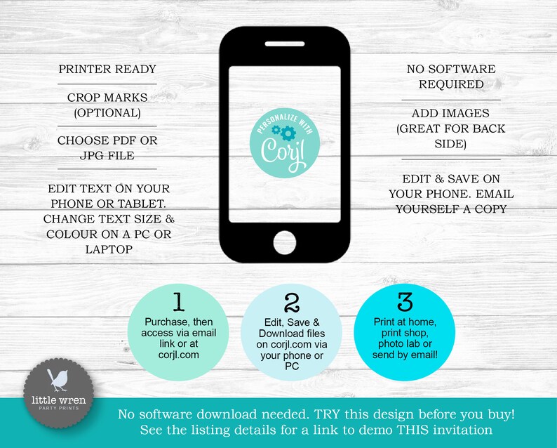 May include: An image with instructions for editing and printing invitations. A black smartphone displays a design with the text "Personalize with Corjl." Steps include purchasing, editing, and printing. The design is from Little Wren Party Prints.