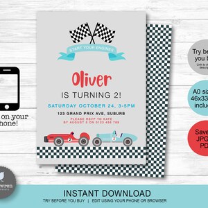 May include: Editable printable invitation for a child's second birthday party. The invitation features a checkered flag, race cars, and the text "Start Your Engines" and "Oliver is Turning 2!" The invitation is available in A0 size (46x33 inches).