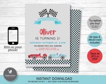 Racing car invitation, INSTANT DOWNLOAD, Vintage car invite, Roadster, race car, red, grand prix, two fast, car party, printable, digital