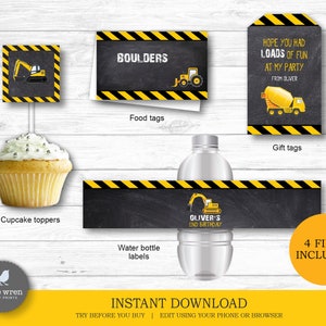May include: Construction party printable set with yellow and black warning stripes, featuring a cupcake topper with a yellow excavator, a water bottle label with a yellow excavator and the text "Oliver's 2nd Birthday", a food tag with the text "Boulders", and a gift tag with the text "Hope you had loads of fun at my party from Oliver" and a yellow cement mixer.