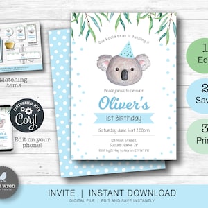Koala invitation, INSTANT DOWNLOAD, koala birthday, party decorations, invite, Australia, animal, aussie party, boys 1st birthday, bear