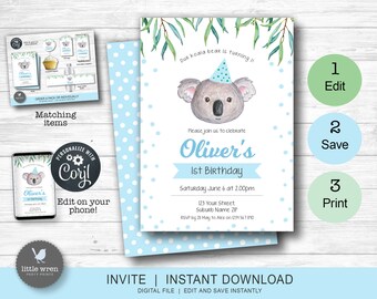 Puede incluir: Un fondo azul y blanco con lunares blancos con un koala que lleva un gorro de fiesta azul. El texto "Oliver's 1st Birthday" está en azul. La invitación incluye la fecha, la hora, la dirección y la información de RSVP. El texto "Invite | Instant Download" está en la parte inferior de la invitación.