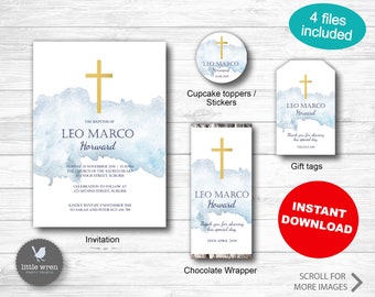 Christening invitation, INSTANT DOWNLOAD, Christening invite, Baptism invite, watercolour, boys christening, naming day, navy gold, digital