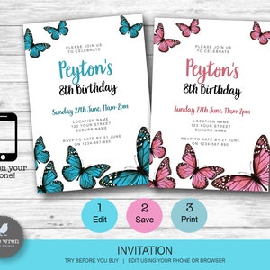 May include: Two birthday invitations with butterfly designs. One has teal butterflies and text, the other has pink butterflies and text. The invitations read "Peyton's 8th Birthday" with event details and RSVP information.