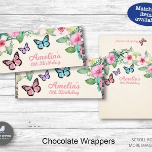 Peut inclure: Emballages de barres chocolat&eacute;es imprimables avec un motif floral aquarelle repr&eacute;sentant des papillons et le texte "Amelia's 6th Birthday".