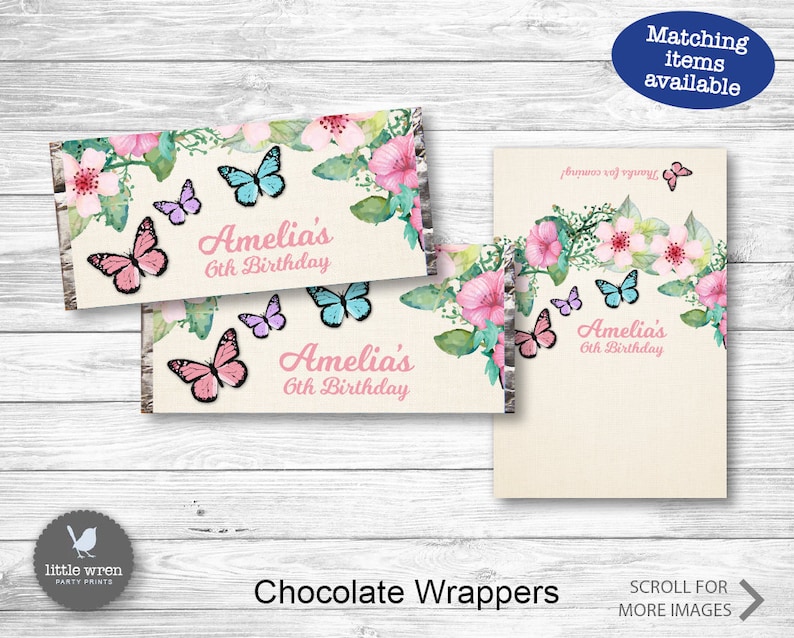 Peut inclure: Emballages de barres chocolat&eacute;es imprimables avec un motif floral aquarelle repr&eacute;sentant des papillons et le texte "Amelia's 6th Birthday".