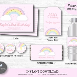 Rainbow Decorations, INSTANT DOWNLOAD, Pastel Party, Rainbow invitation, favor tags, gift tags, water bottle labels, chocolate wrapper