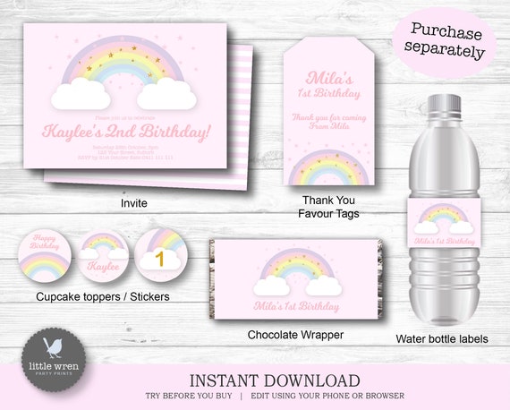 Rainbow Decorations, INSTANT DOWNLOAD, Pastel Party, Rainbow invitation, favor tags, gift tags, water bottle labels, chocolate wrapper
