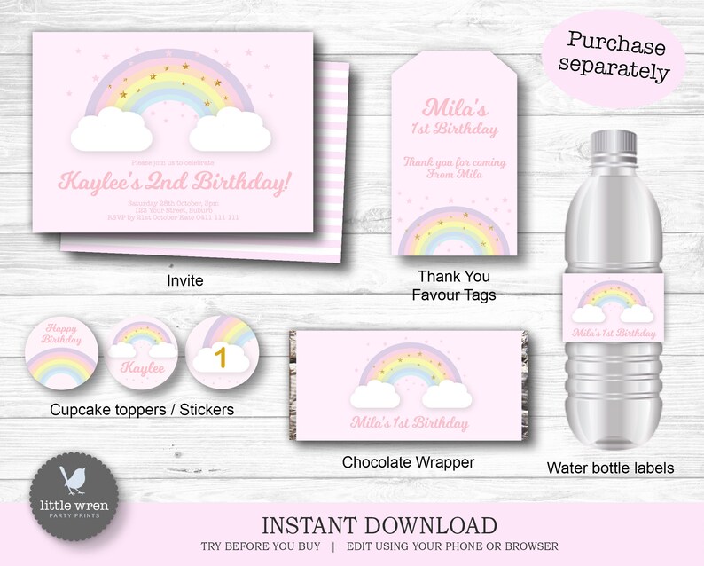 May include: Printable rainbow-themed party supplies for a birthday celebration. Includes an invitation, thank you tags, cupcake toppers, a chocolate wrapper, and water bottle labels. The design features a rainbow with stars and clouds on a pink background.