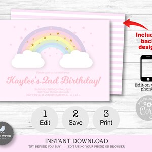 May include: Pink and white printable invitation with a rainbow, clouds, and gold stars. The text reads "Please join us to celebrate Kaylee's 2nd Birthday!" with details for the event. The invitation includes a back design and can be edited on your phone.