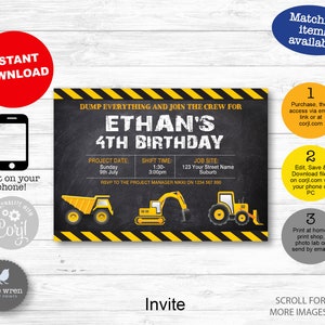 May include: Construction themed birthday party invitation with a yellow excavator, dump truck, and tractor on a black and yellow striped background. The invitation says "Dump everything and join the crew for Ethan's 4th Birthday".