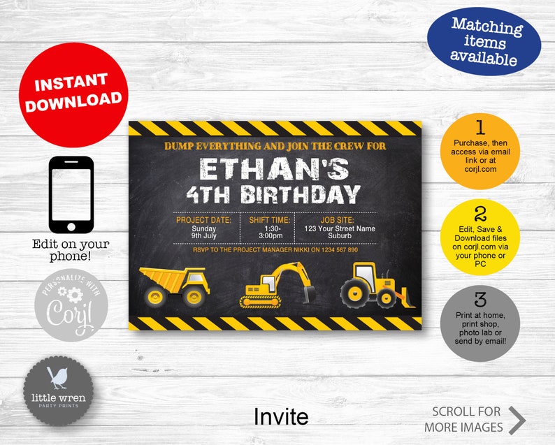 May include: Construction themed birthday party invitation with a yellow excavator, dump truck, and tractor on a black and yellow striped background. The invitation says "Dump everything and join the crew for Ethan's 4th Birthday".