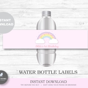 May include: Pink water bottle label with a rainbow, clouds, and gold stars. The text "Mila's 1st Birthday" is printed on the label.