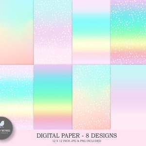 May include: Eight digital paper designs featuring a gradient background with white glitter. Each design has a different color gradient, including pink, blue, green, and yellow. The papers are 12 inches by 12 inches and are available in JPG and PNG formats.