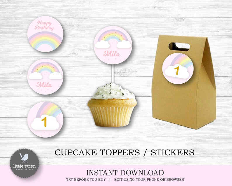 May include: Printable cupcake toppers and stickers featuring a rainbow, clouds, and the text "Happy Birthday" and "Mila". The toppers are pink with gold accents. There is also a brown paper bag with a rainbow sticker that says "1".