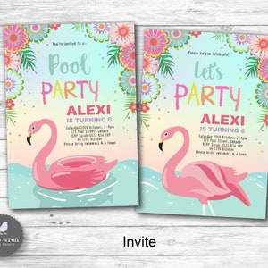 Flamingo Party Invitation, pool party, Birthday invite, hawaiian, first birthday for girl, ideas, chocolate wrapper, decorations