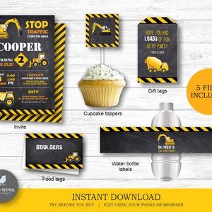 Construction Party Decorations, INSTANT DOWNLOAD, Birthday party, 5 files, Digger party, labels, decor, gift tags, aldi, food tags, water