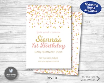 Confetti Party Invitation, Pink Confetti Invitation, Pink Gold Invite, 1st birthday Invitation, glitter, printable, digital file, dots, girl