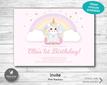 May include: Pink and white unicorn birthday party invitation with a rainbow and clouds. The text reads "Ella's 1st Birthday!" and includes details about the party date, time, location, and RSVP information.