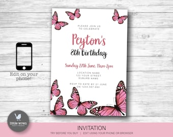 Butterfly invitation, INSTANT DOWNLOAD, butterfly party, butterfly invite, girls birthday, blue birthday ideas, butterfly decorations