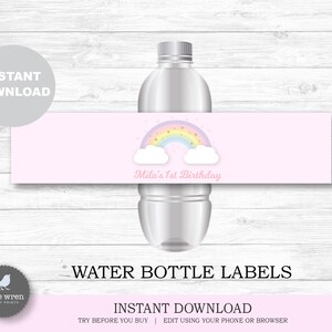 May include: Pink water bottle label with a rainbow, clouds, and gold stars. The text "Mila's 1st Birthday" is printed on the label.