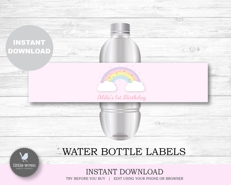 May include: Pink water bottle label with a rainbow, clouds, and gold stars. The text "Mila's 1st Birthday" is printed on the label.