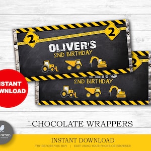 May include: Printable chocolate bar wrappers with a construction theme. The wrappers are yellow and black with a chalkboard background. The text on the wrappers says "Oliver's 2nd Birthday".