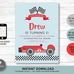 May include: Editable printable invitation for a 2nd birthday party with a race car theme. The invitation features a red race car with a checkered flag background and the text "Start Your Engines" and "Drew is Turning 2!" The invitation also includes the date, time, and location of the party.
