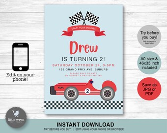 Invitación a coche de carreras, DESCARGA INSTANTE, Invitación a coche vintage, Roadster, coche de carreras, rojo, gran premio, dos rápidos, fiesta de coches, imprimible, digital